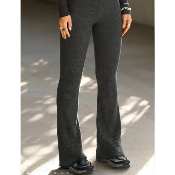Joah Brown Pant Women Small Medium Fitted Mini Flare Gray Rib Knit Lounge Luxury - Picture 4 of 15